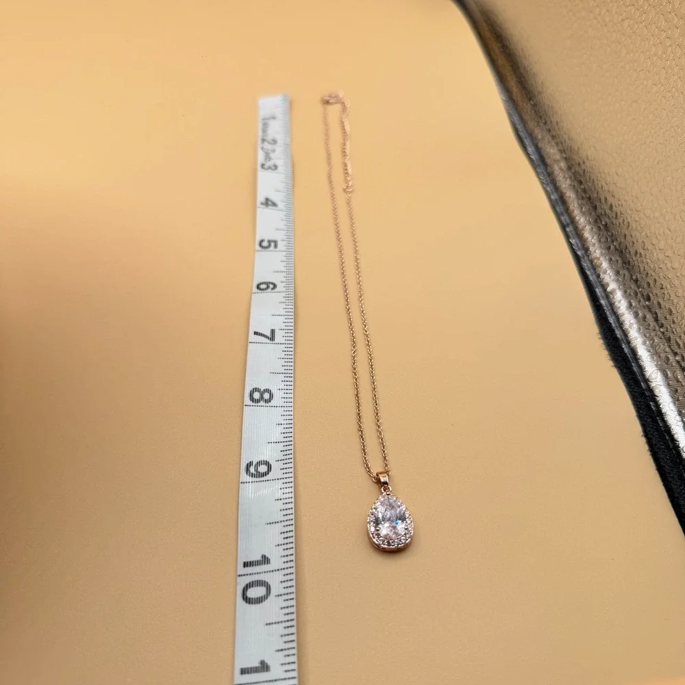 Rose Gold Tone Pear Cut CZ Halo Pendant Necklace Clear Crystal Bridal Jewelry